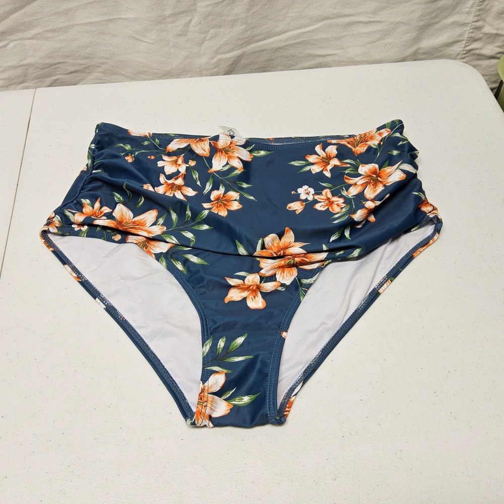 DACI Bikini Bottom Women 14W Navy Blue Floral High Rise Ruched Tummy‎ Control